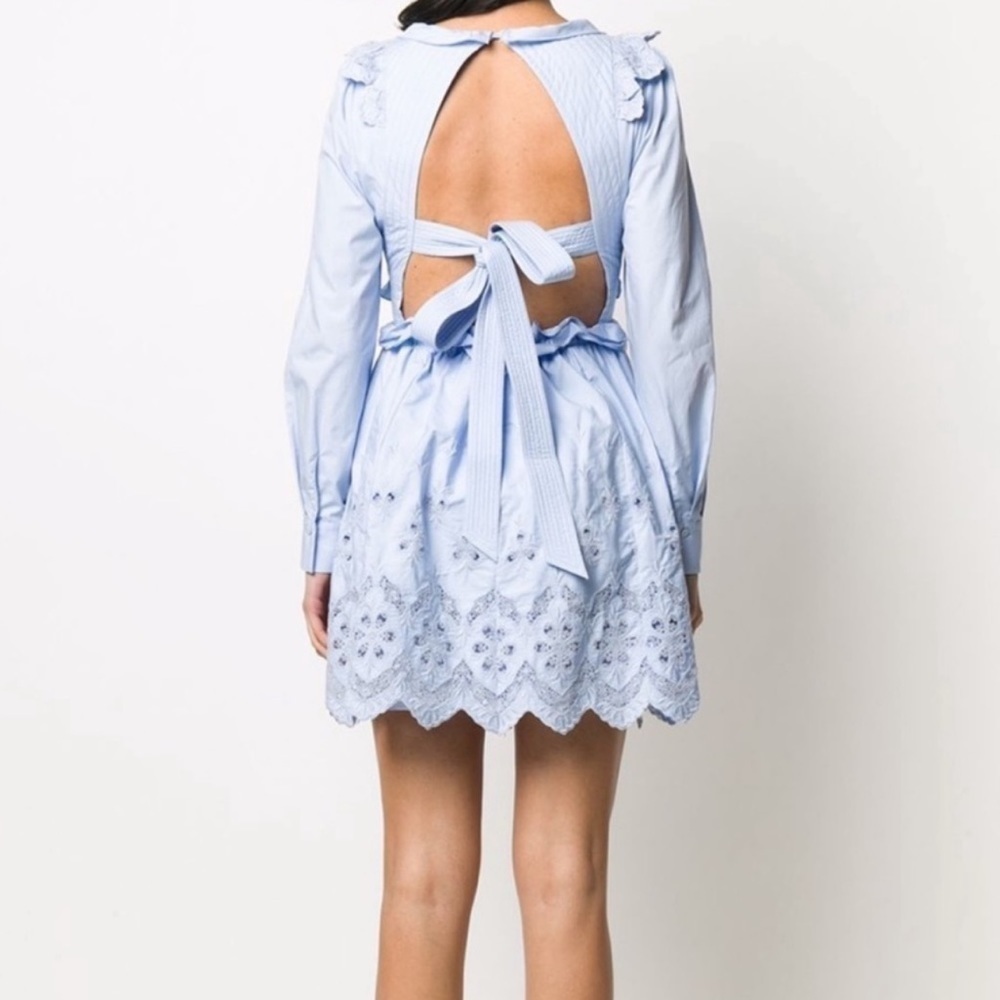 Self-Portrait Cotton Broderie Mini Dress Light Blue Open Back Size 6 Women’s - Picture 2 of 14